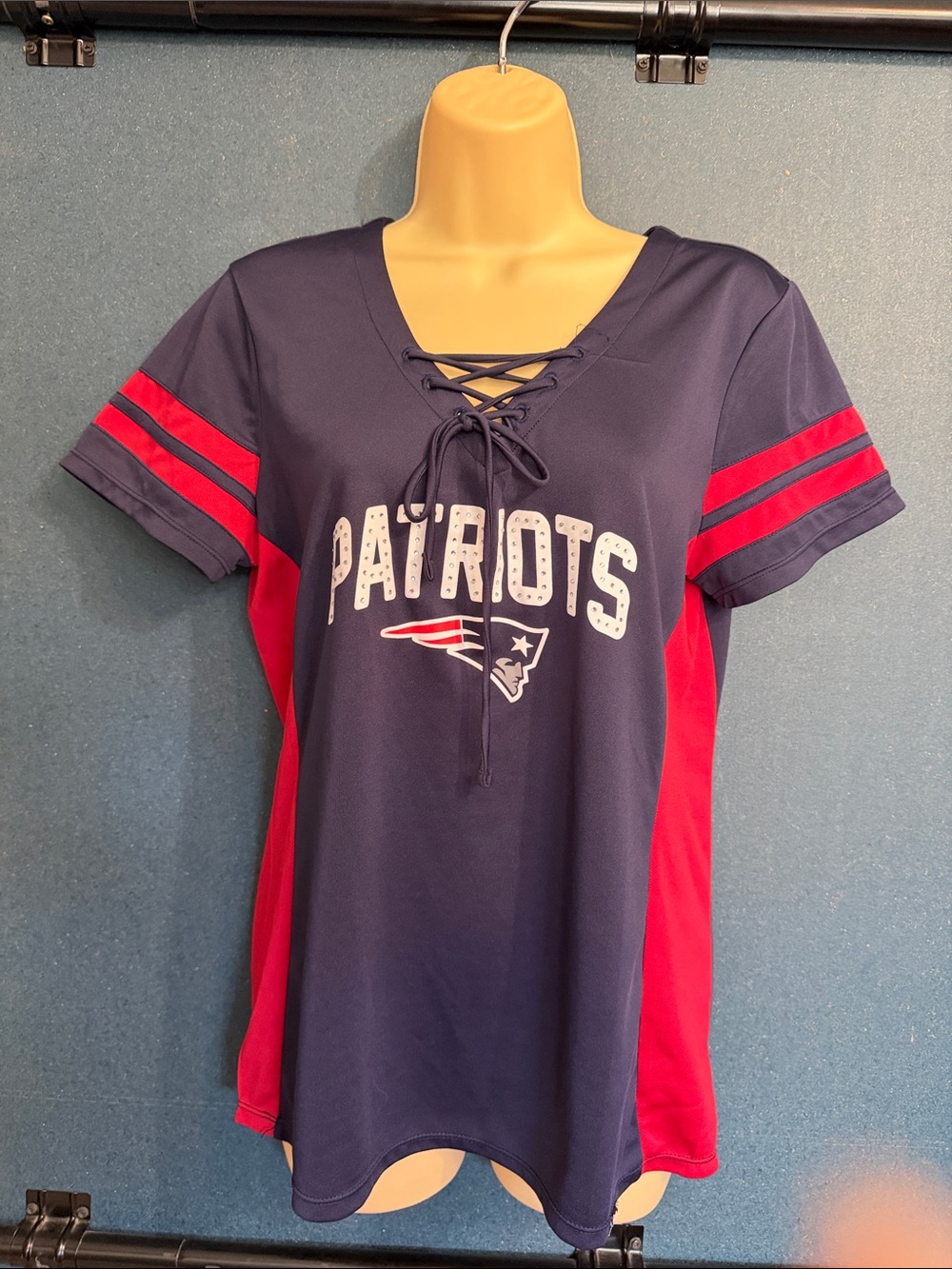 NFL New England Patriots, ladies size, large lace up rhinestone letters top